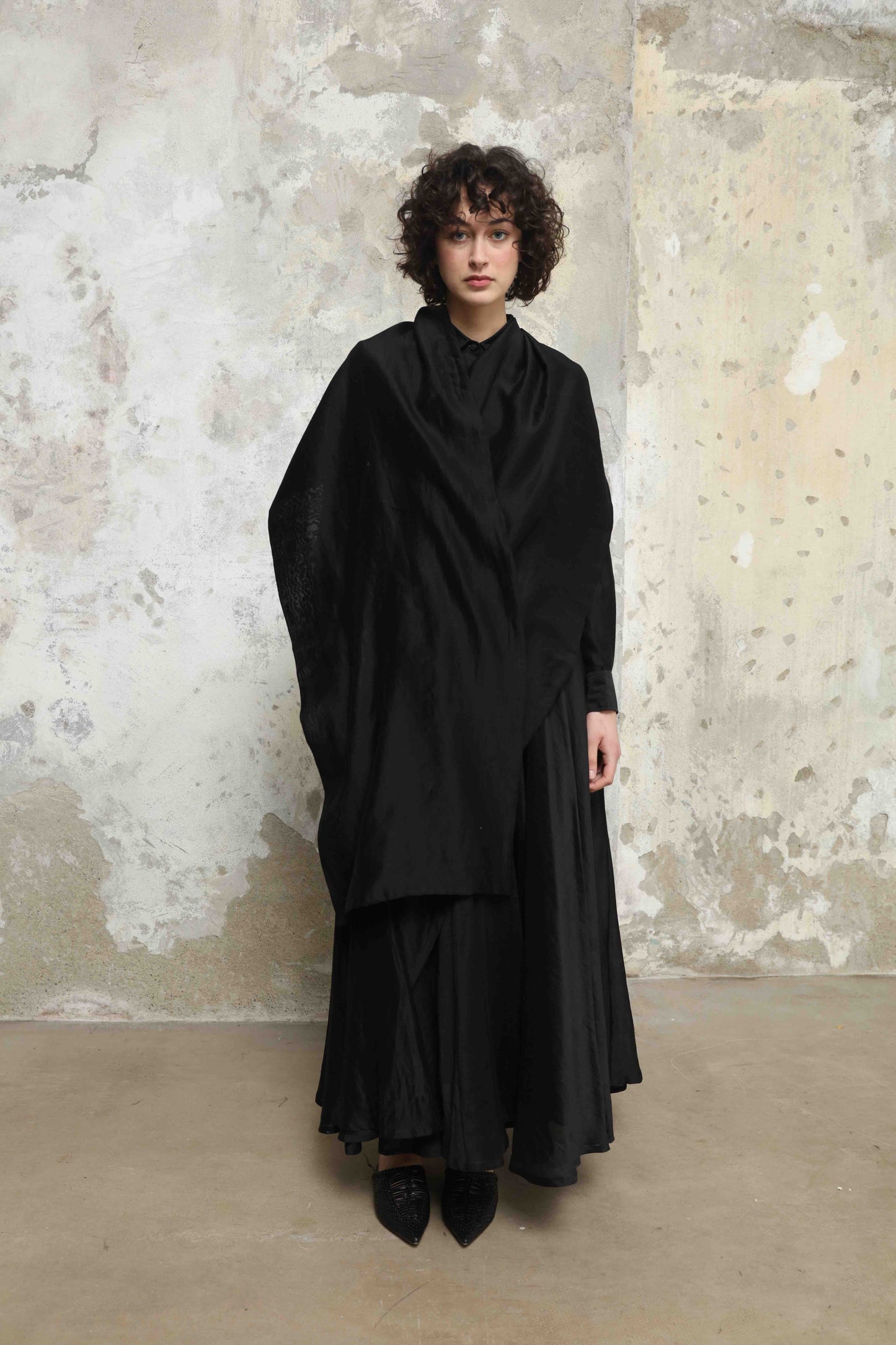 Anne Sari Dress by Ka-Sha in hand-dyed Chanderi cotton, featuring a fluid A-line silhouette with attached sari-style drape and classic collar. Part of the House of Woven Stories selection.
