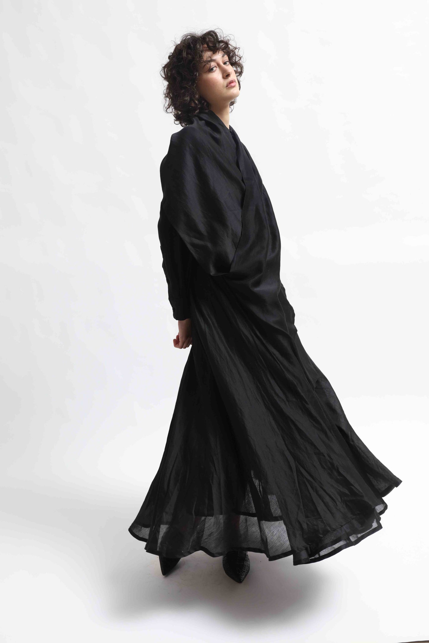Anne Sari Dress by Ka-Sha in hand-dyed Chanderi cotton, featuring a fluid A-line silhouette with attached sari-style drape and classic collar. Part of the House of Woven Stories selection.