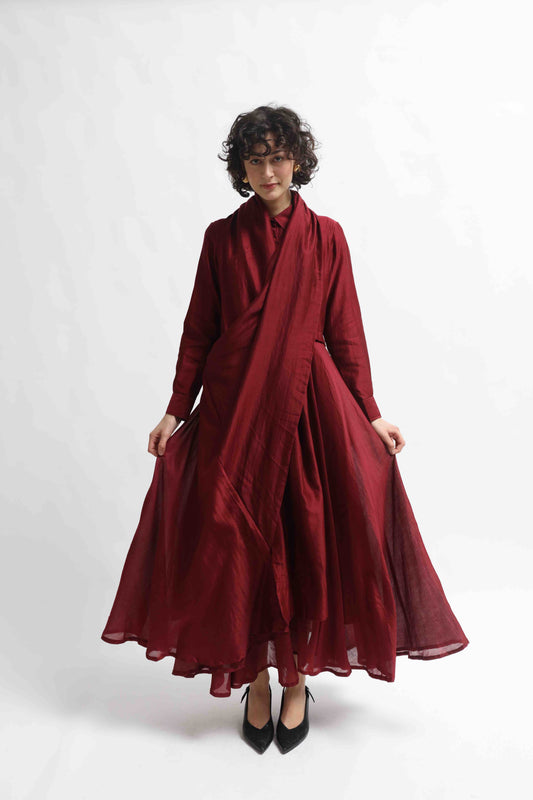 Anne Sari Dress by Ka-Sha in hand-dyed Chanderi cotton, featuring a fluid A-line silhouette with attached sari-style drape and classic collar. Part of the House of Woven Stories selection.