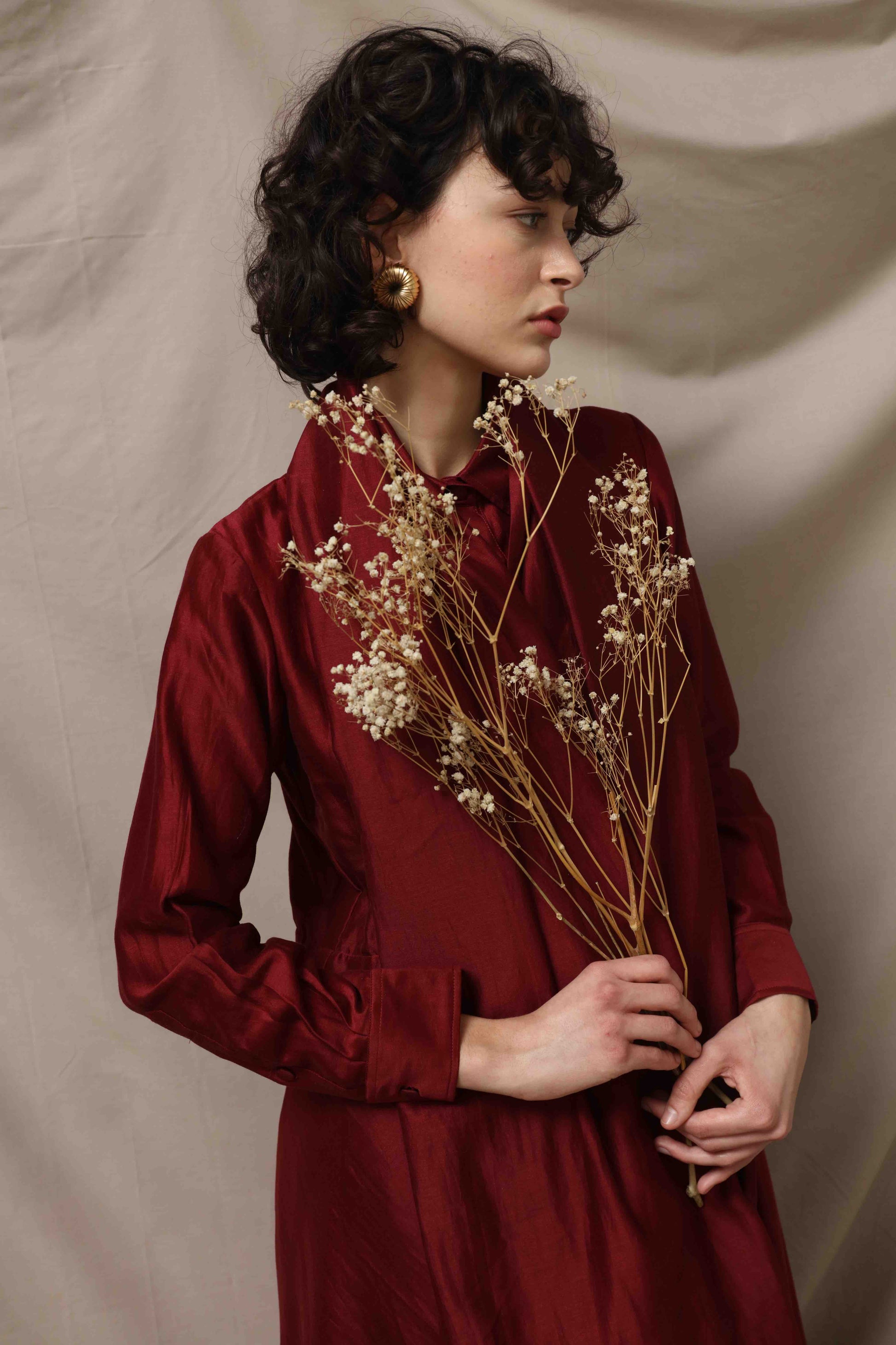Anne Sari Dress by Ka-Sha in hand-dyed Chanderi cotton, featuring a fluid A-line silhouette with attached sari-style drape and classic collar. Part of the House of Woven Stories selection.