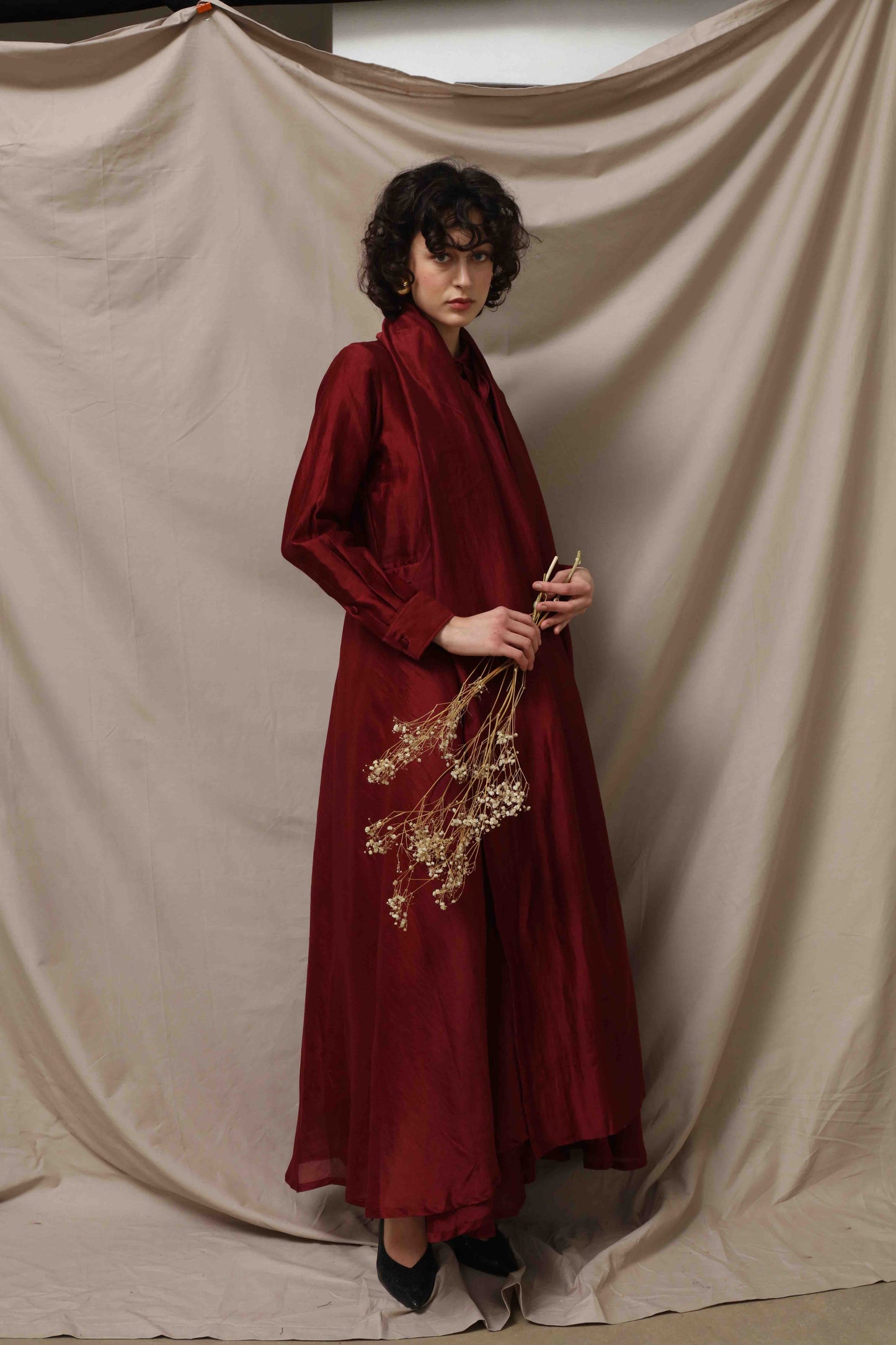 Anne Sari Dress by Ka-Sha in hand-dyed Chanderi cotton, featuring a fluid A-line silhouette with attached sari-style drape and classic collar. Part of the House of Woven Stories selection.