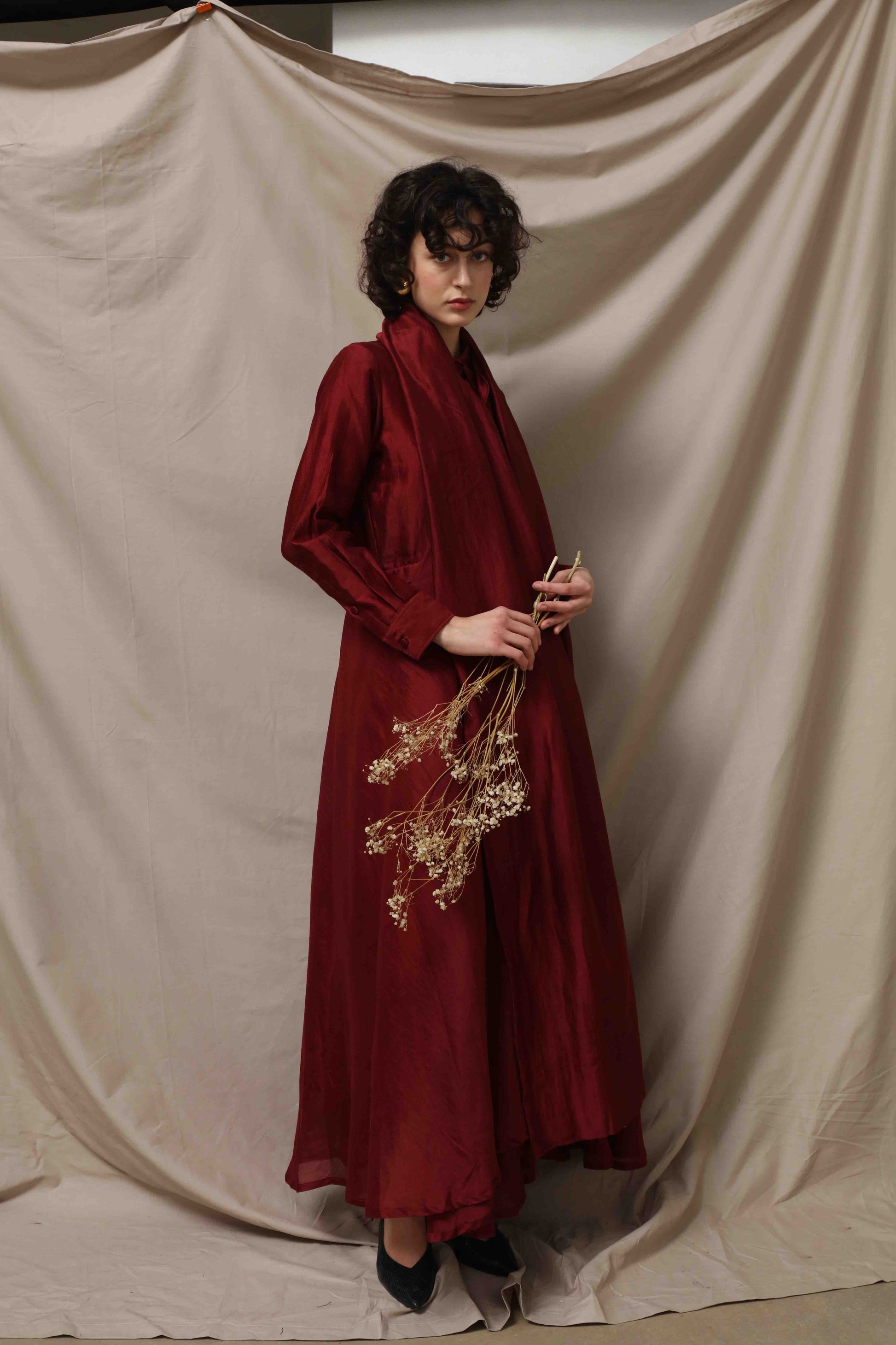 Anne Sari Dress by Ka-Sha in hand-dyed Chanderi cotton, featuring a fluid A-line silhouette with attached sari-style drape and classic collar. Part of the House of Woven Stories selection.