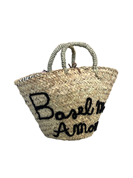 Handmade Micaela Spadoni Basel Mon Amour bag with cotton lining and Italian leather drawstring closure. Stylish, artisanal bag featuring "Basel Mon Amour" embroidery in Scarlet Red. Part of House of Woven Stories selection.