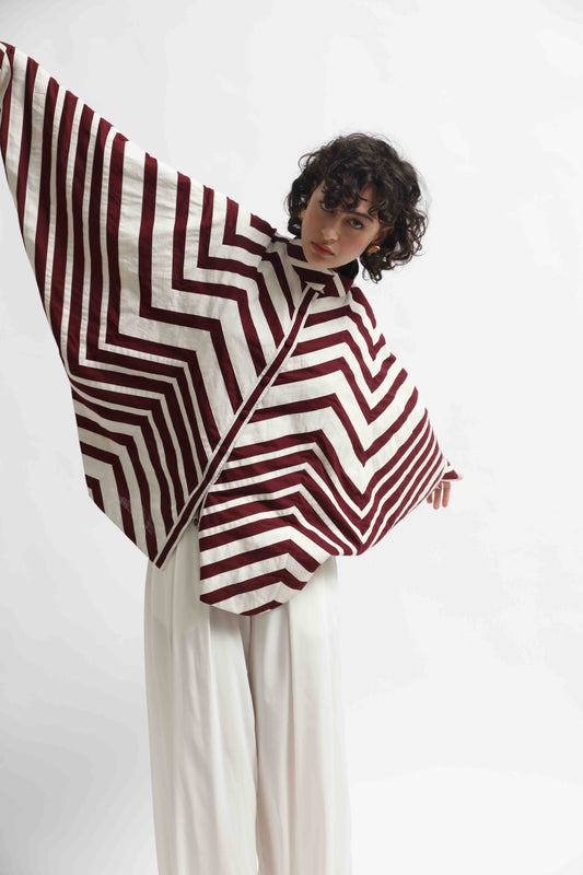 Ka-Sha Bat Shirt: hand-dyed cotton, reversible pattern, appliqué details. Versatile, sustainable artisan fashion from House of Woven Stories.