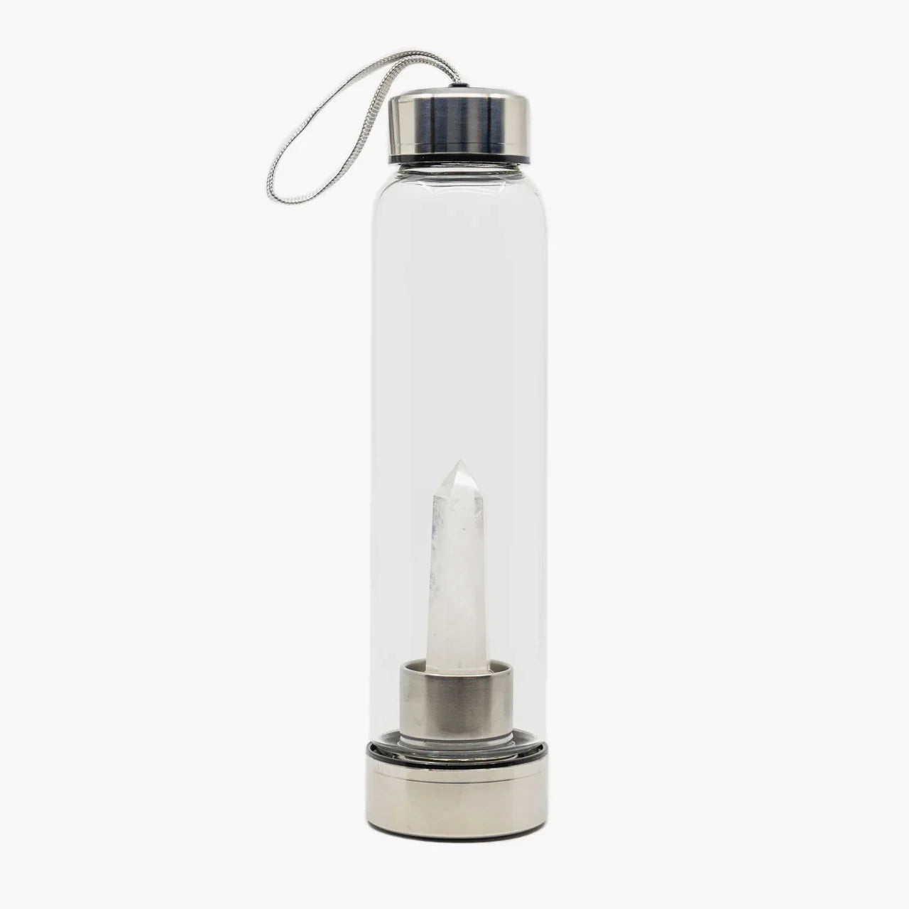 Clear Quartz Crystal Water Bottle by The Goddess Collective, featuring a natural crystal obelisk inside a glass bottle with stainless steel lids and carry sleeve.