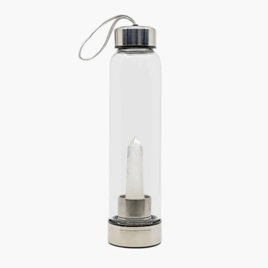 Clear Quartz Crystal Water Bottle by The Goddess Collective, featuring a natural crystal obelisk inside a glass bottle with stainless steel lids and carry sleeve.