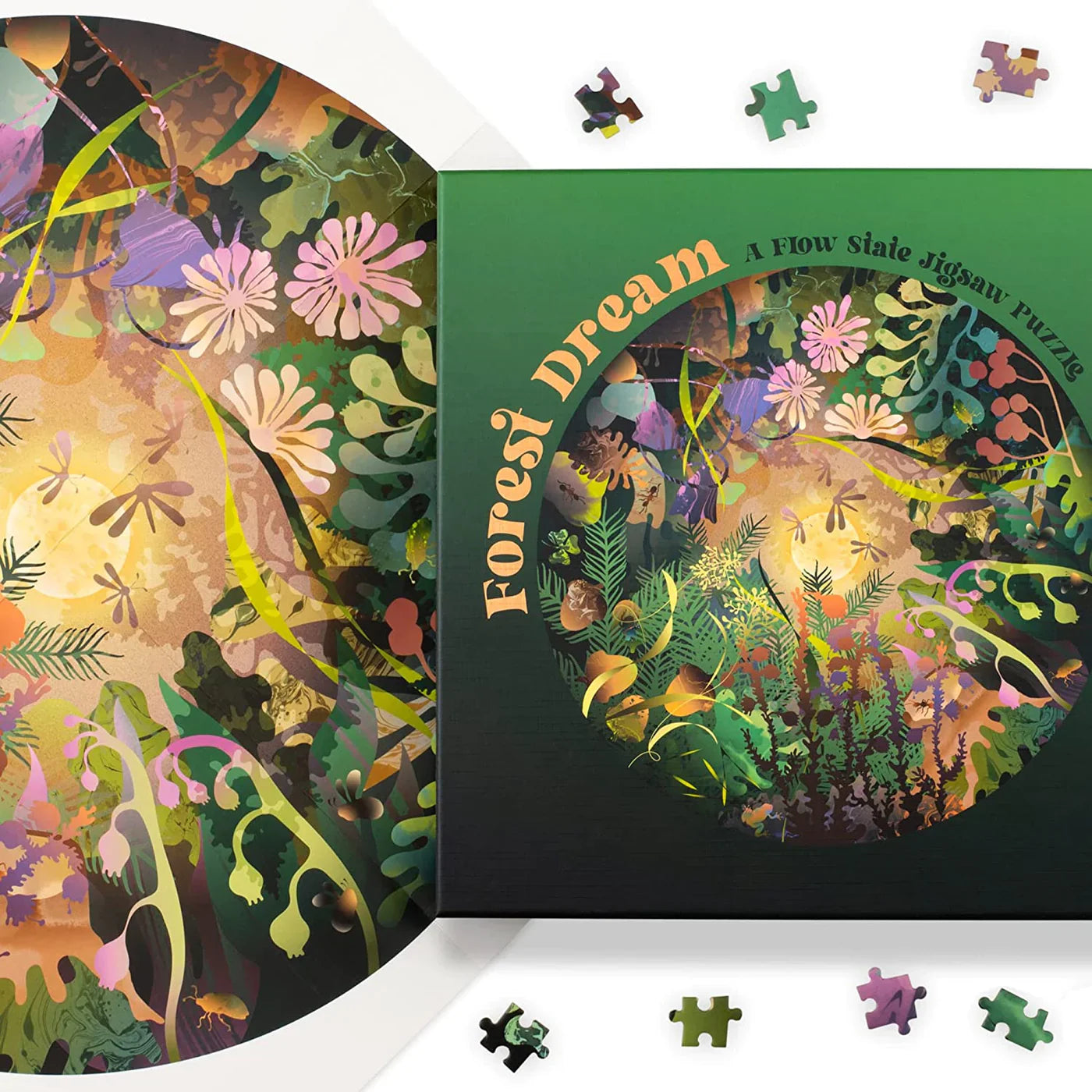 Forest Dream circular jigsaw puzzle by New Mags with mandala-inspired forest design and calming colors
