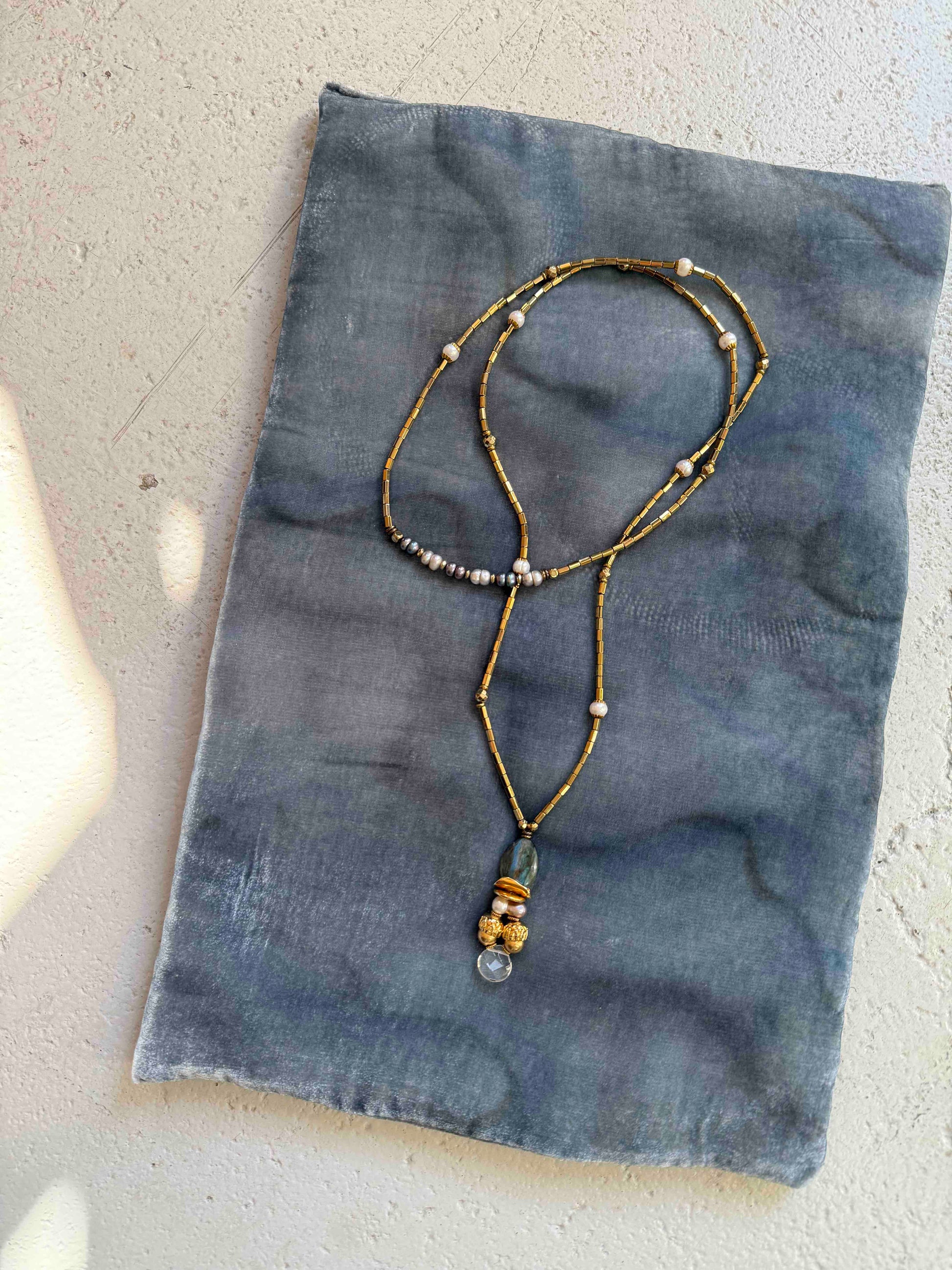 Gold and Labradorite Totem Pendant choker featuring pyrite, freshwater pearls, labradorite, rock crystal, and brass details. Handcrafted in Italy by Ilaria Fiorentini Jewellery. Bold, elegant statement piece from House of Woven Stories selection.