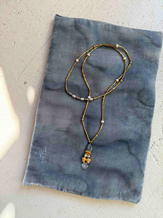 Gold and Labradorite Totem Pendant choker featuring pyrite, freshwater pearls, labradorite, rock crystal, and brass details. Handcrafted in Italy by Ilaria Fiorentini Jewellery. Bold, elegant statement piece from House of Woven Stories selection.