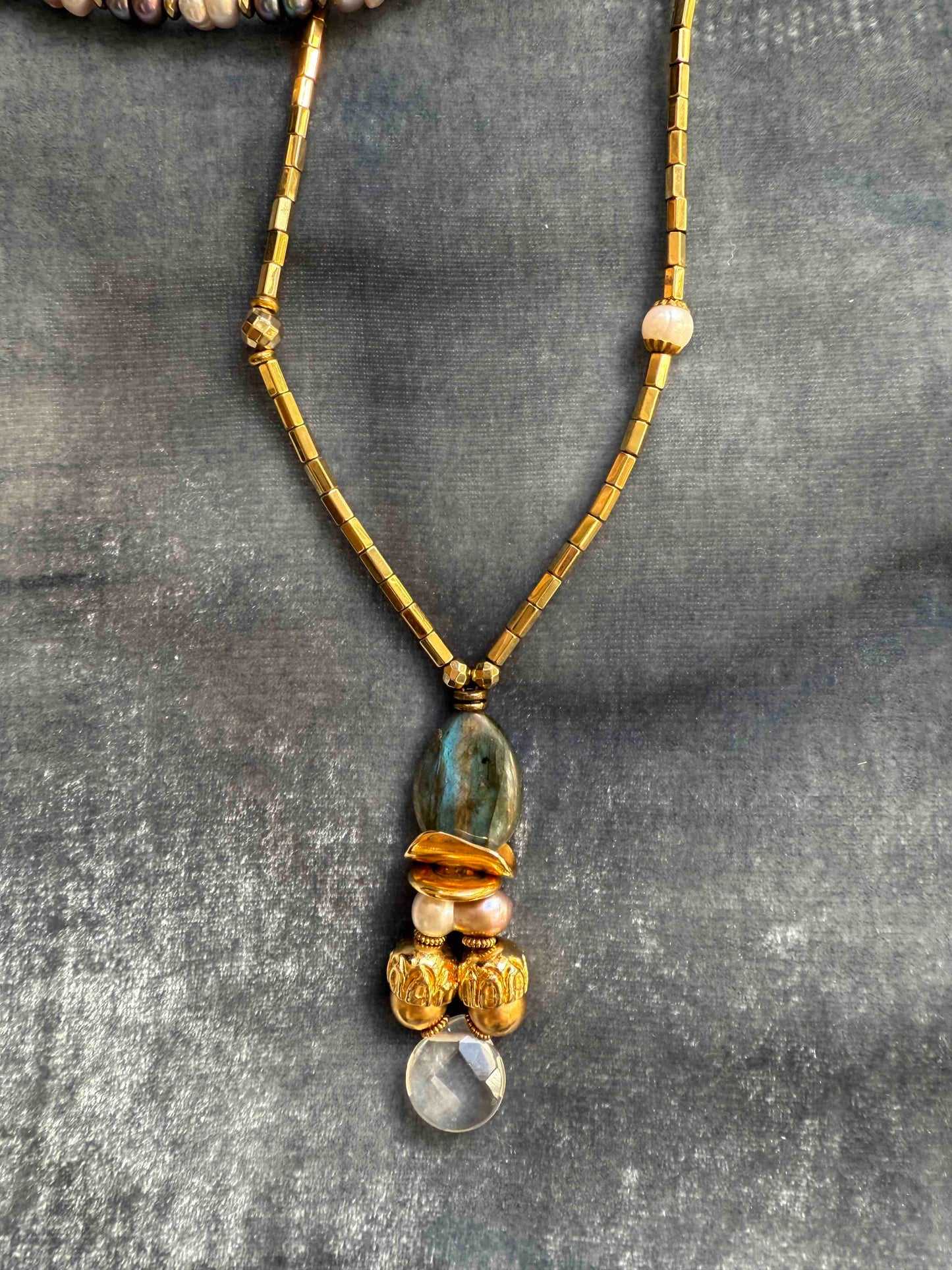 Gold and Labradorite Totem Pendant choker featuring pyrite, freshwater pearls, labradorite, rock crystal, and brass details. Handcrafted in Italy by Ilaria Fiorentini Jewellery. Bold, elegant statement piece from House of Woven Stories selection.