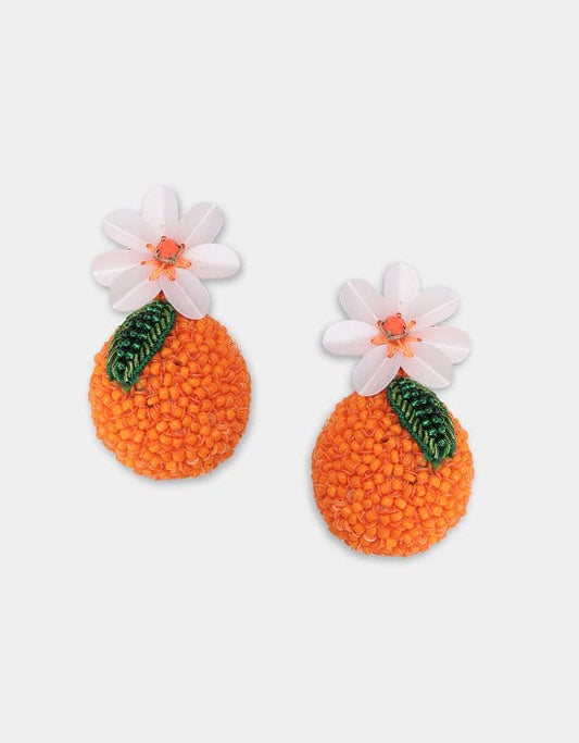 Hand-beaded orange earrings with seed beads and sequins, gold-plated brass posts, from Olivia Dar’s summer fruit collection.