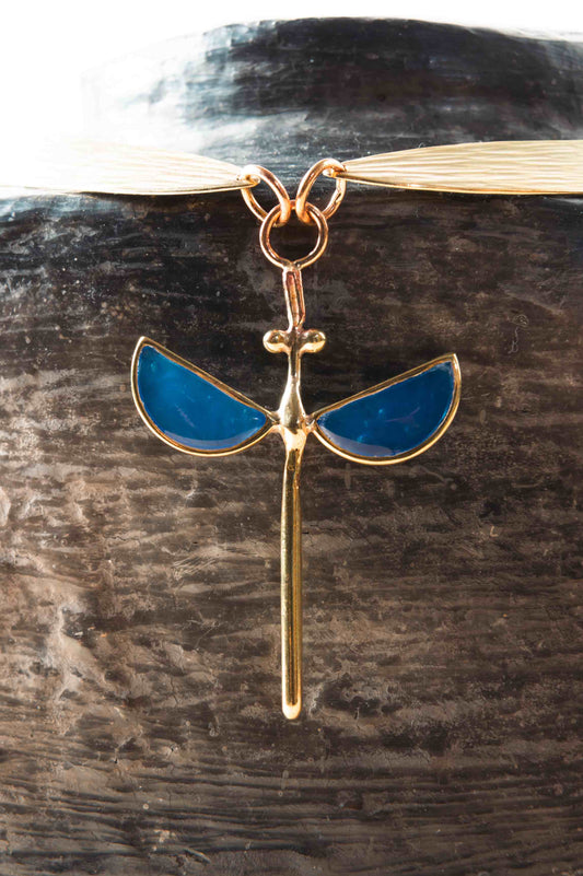 Royal Blue Hammered Bronze Collier necklace by Stéphane Szendy featuring symmetrical royal blue enamel shapes on a hammered bronze pendant. Part of House of Woven Stories selection.