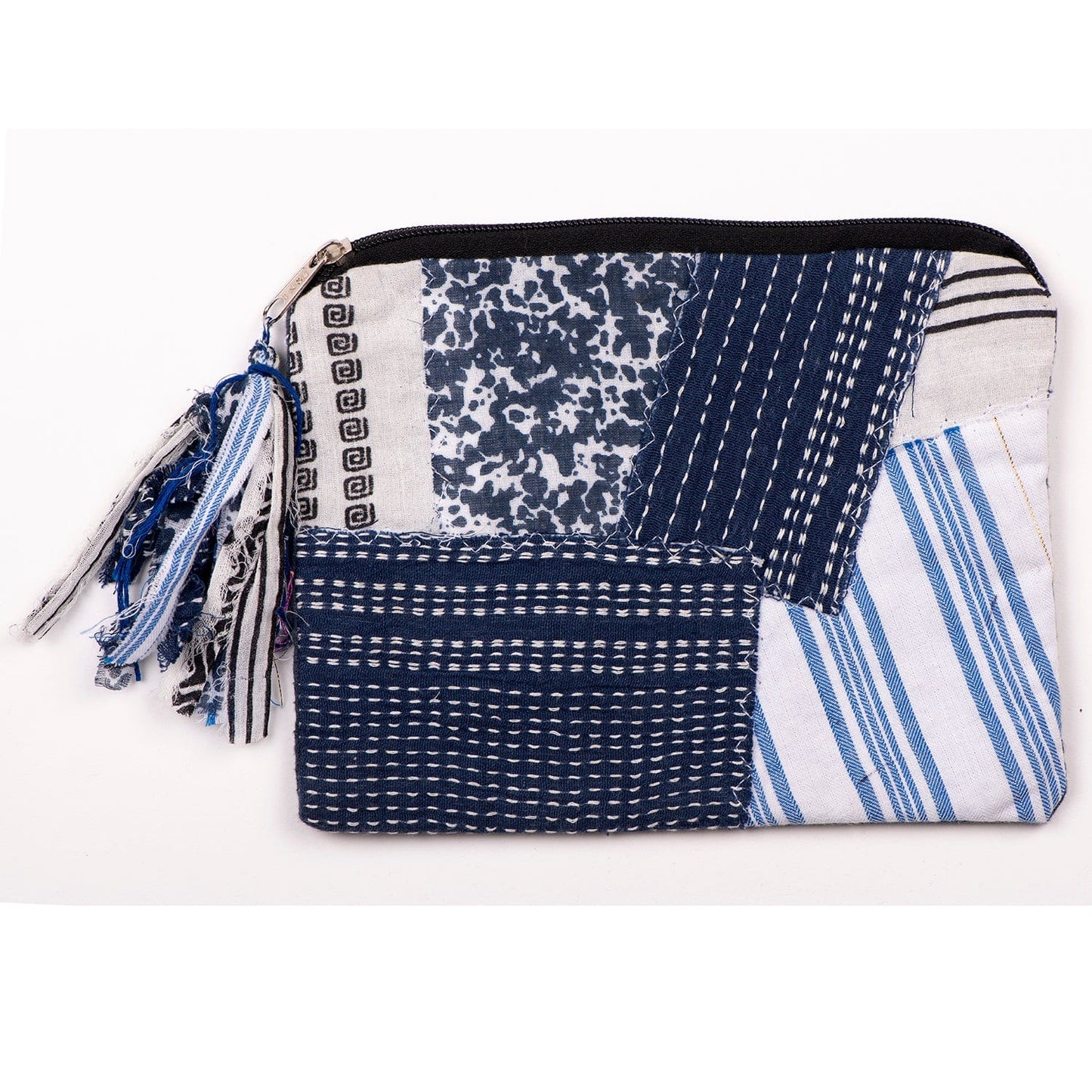 Handcrafted vanity pouch by SilaiWali made from upcycled fabric, stitched by Afghan refugee women for sustainable living.