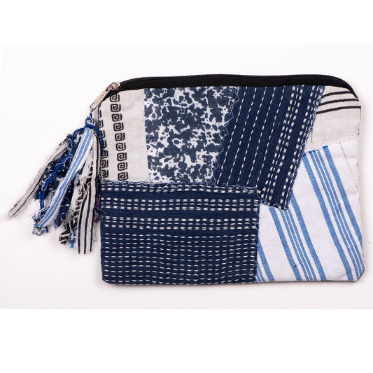 Handcrafted vanity pouch by SilaiWali made from upcycled fabric, stitched by Afghan refugee women for sustainable living.