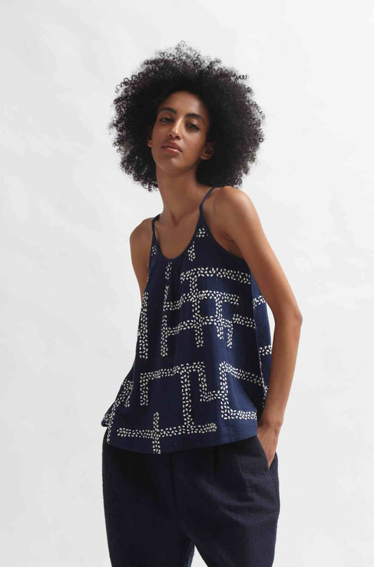 Indigo embroidered top by Paiwand made from organic indigo-dyed cotton with upcycled embroidery, ethically handcrafted in India.