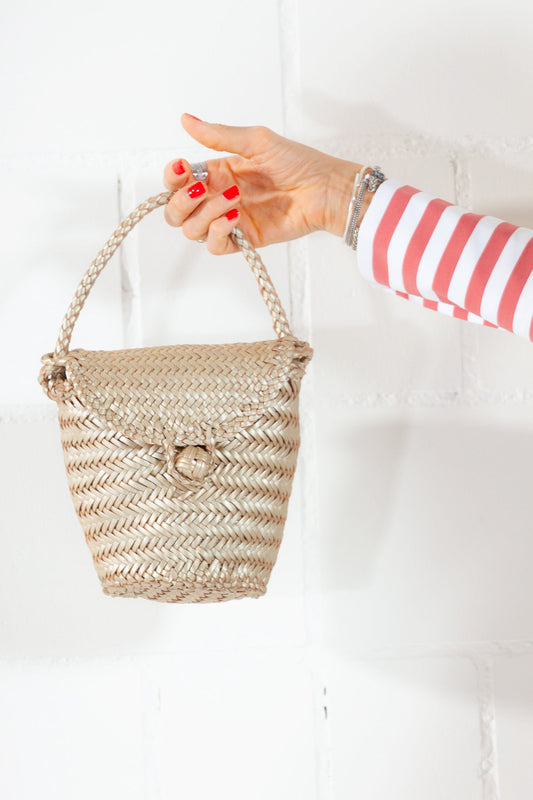 Jane Gold Woven Leather Wicker Basket Bag by Il Etait un Fil - vintage-inspired handbag with structured wicker base and gold leather weave. Available at House of Woven Stories.