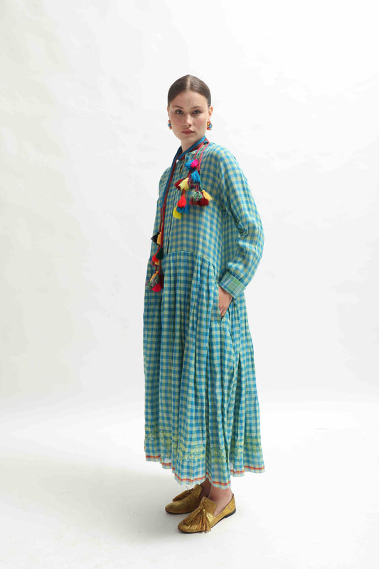Handcrafted Jodhpur 24 check dress by Injiri, made from pure cotton with traditional Indian weaving techniques – displayed on hanger in natural light.