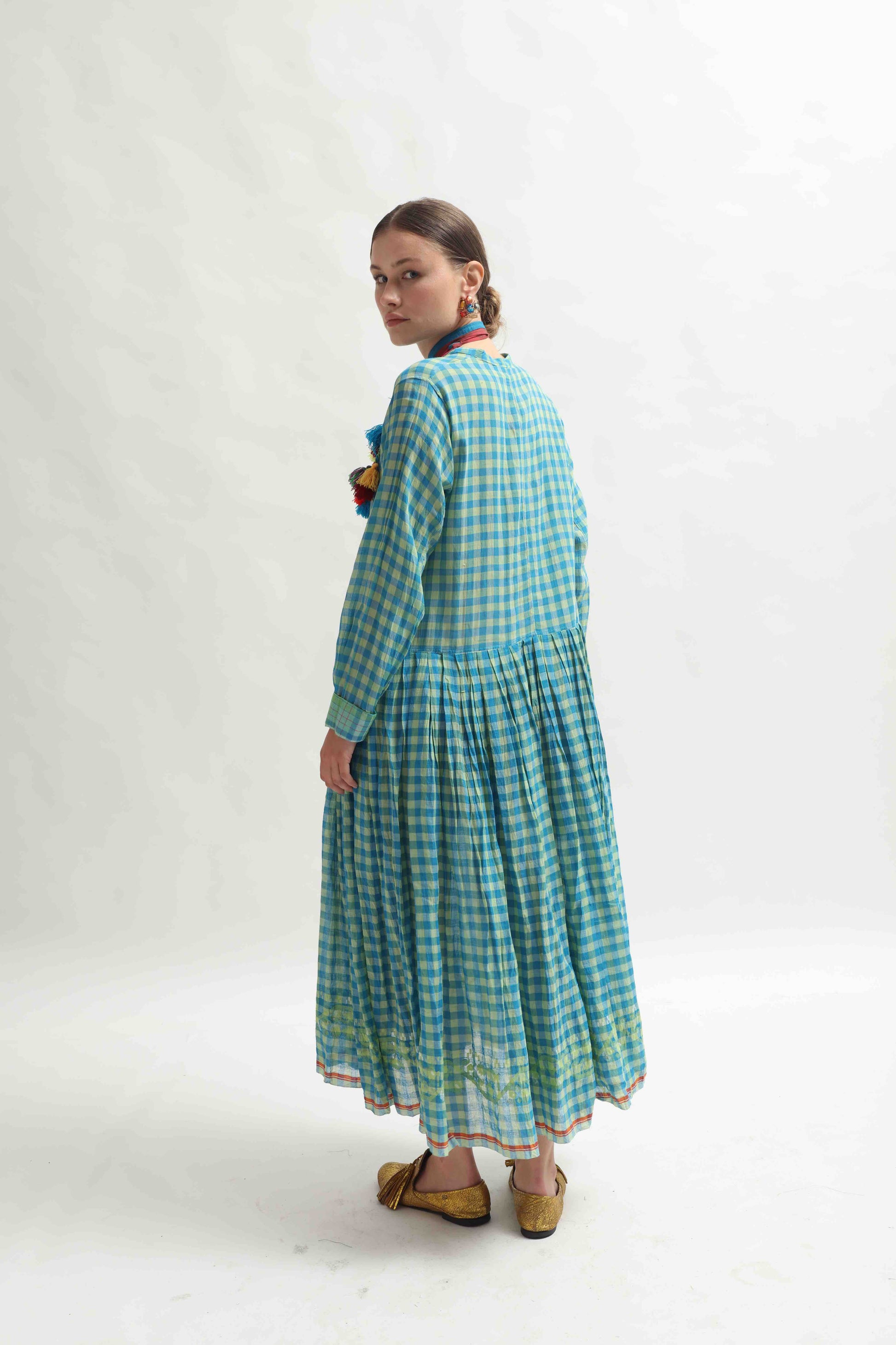 Handcrafted Jodhpur 24 check dress by Injiri, made from pure cotton with traditional Indian weaving techniques – displayed on hanger in natural light.