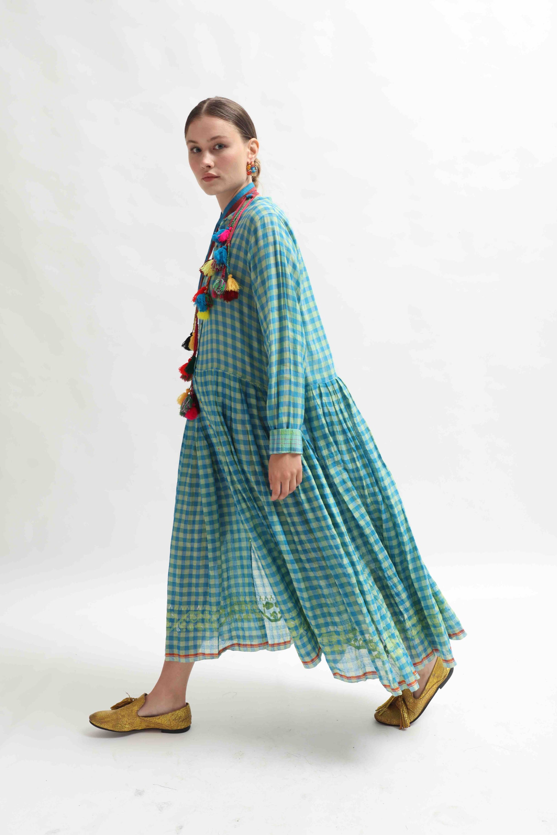 Handcrafted Jodhpur 24 check dress by Injiri, made from pure cotton with traditional Indian weaving techniques – displayed on hanger in natural light.