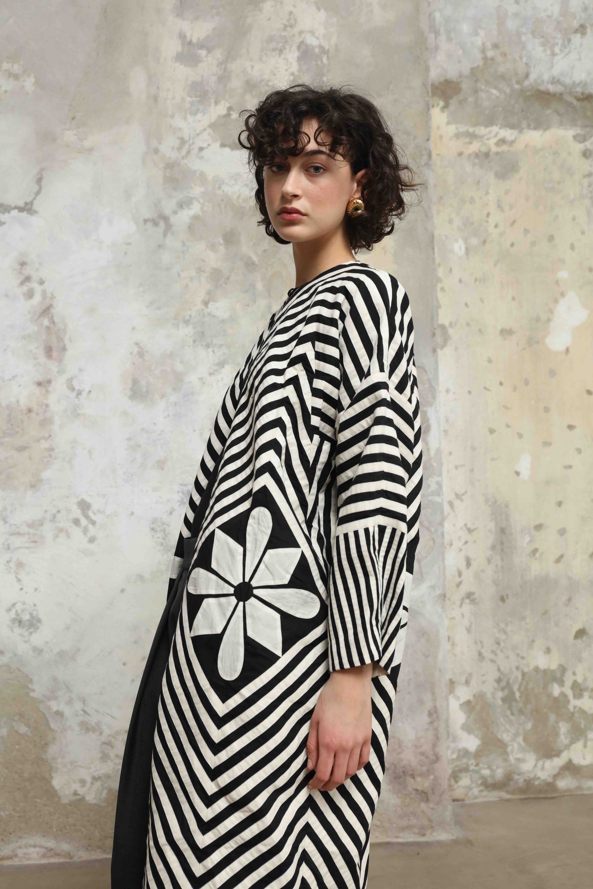Long black and white hand-dyed muslin cotton jacket by Ka-Sha, featuring an open front and straight silhouette; part of the House of Woven Stories selection.