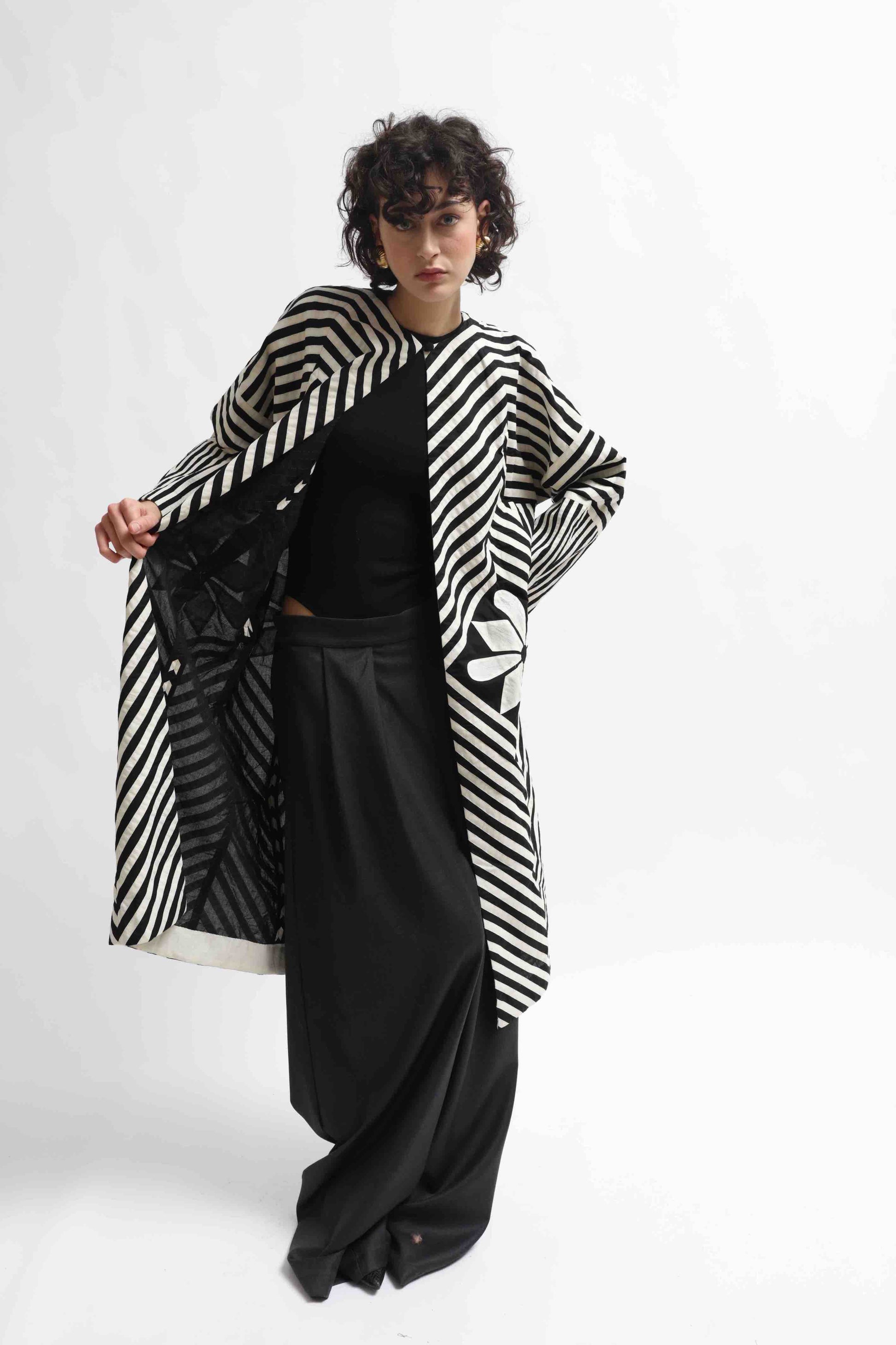 Long black and white hand-dyed muslin cotton jacket by Ka-Sha, featuring an open front and straight silhouette; part of the House of Woven Stories selection.