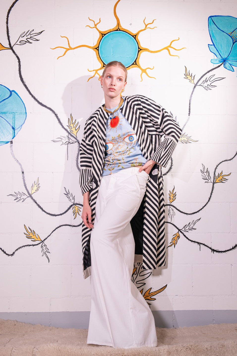 Long black and white hand-dyed muslin cotton jacket by Ka-Sha, featuring an open front and straight silhouette; part of the House of Woven Stories selection.