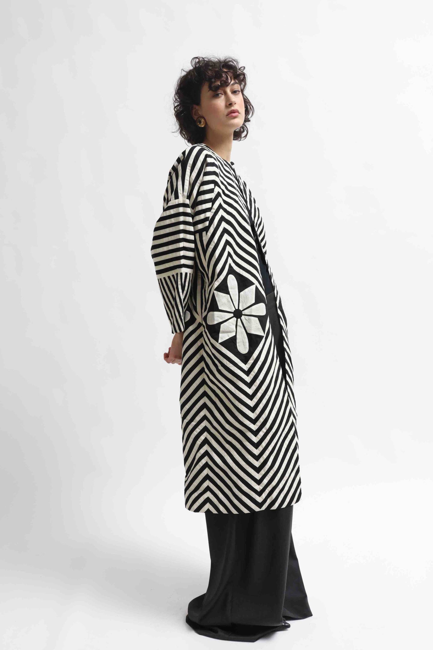 Long black and white hand-dyed muslin cotton jacket by Ka-Sha, featuring an open front and straight silhouette; part of the House of Woven Stories selection.