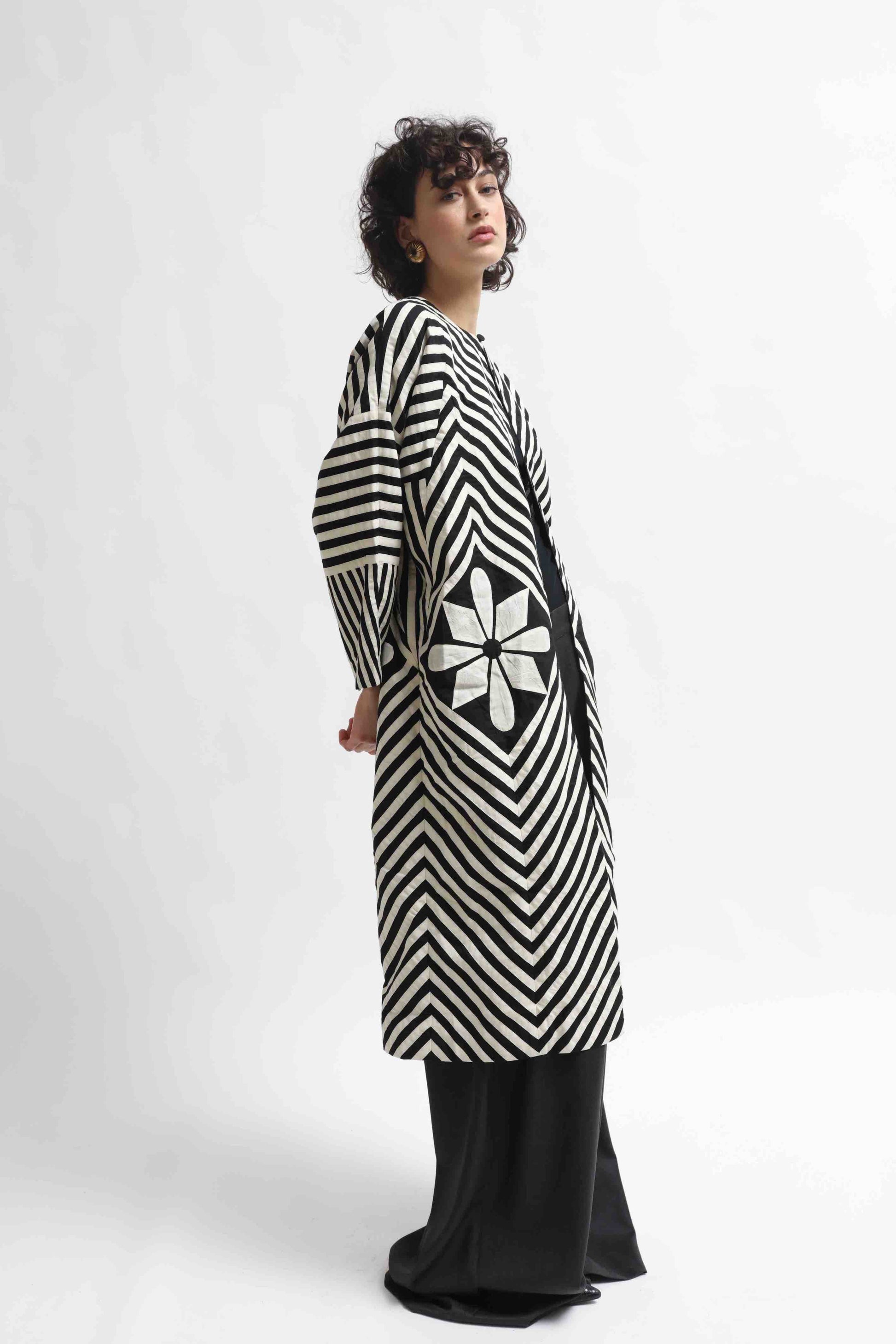 Long black and white hand-dyed muslin cotton jacket by Ka-Sha, featuring an open front and straight silhouette; part of the House of Woven Stories selection.