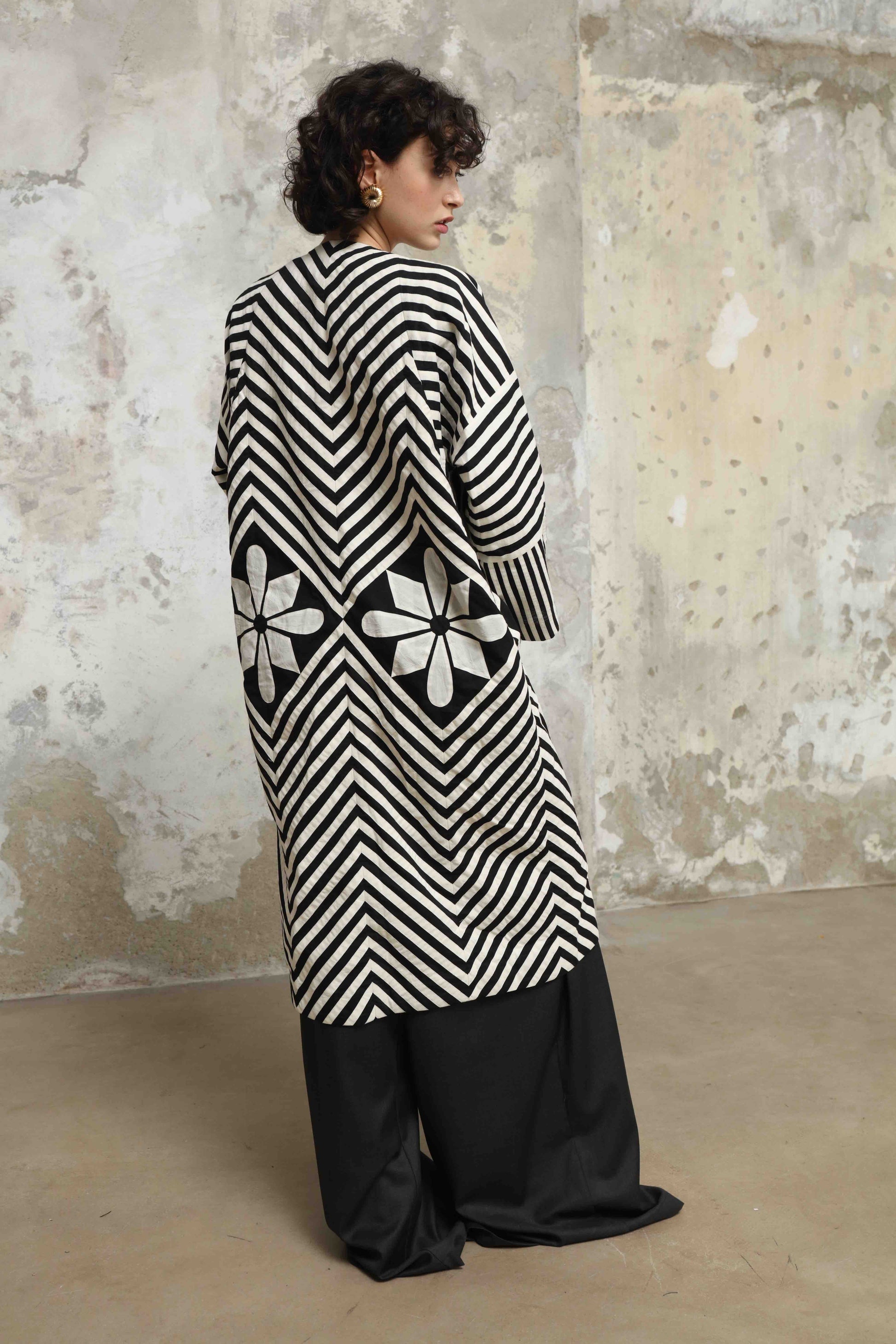 Long black and white hand-dyed muslin cotton jacket by Ka-Sha, featuring an open front and straight silhouette; part of the House of Woven Stories selection.