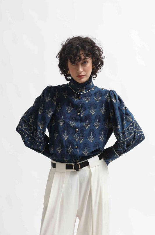 Karin blouse made from 100% organic cotton with Ajrakh blockprint in natural indigo blue, featuring volant detail, handcrafted by House of Woven Stories.