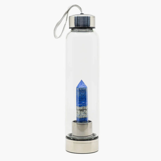 Lapis Lazuli Crystal Water Bottle by The Goddess Collective, featuring a natural crystal obelisk inside a glass bottle with stainless steel lids and carry sleeve. Available at House of Woven Stories.