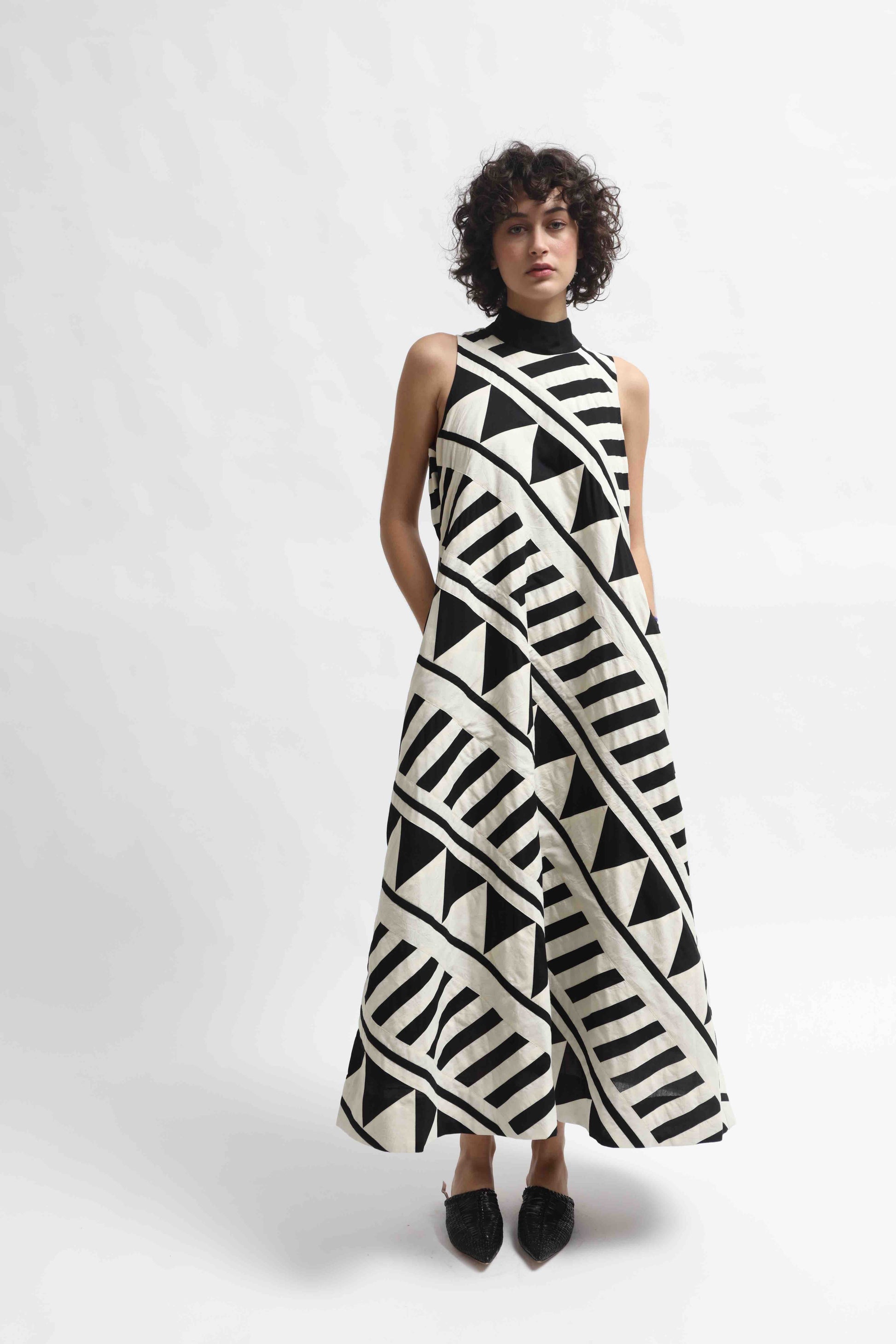 Lino Dress by Ka-Sha – handcrafted A-line cotton dress with black and white appliqué detailing, 46" length, and a relaxed, elegant silhouette. Part of the House of Woven Stories selection.