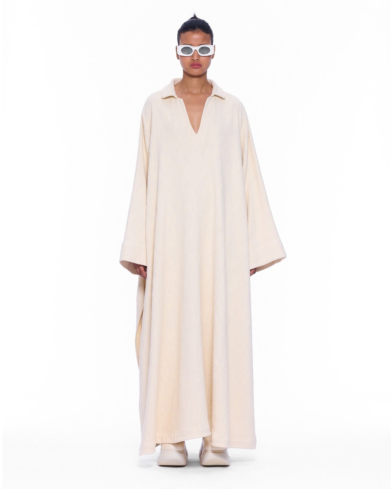 The V-Neck Ecru Flatweave Cotton Caftan - Marrakshi Life