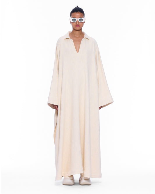 The V-Neck Ecru Flatweave Cotton Caftan - Marrakshi Life