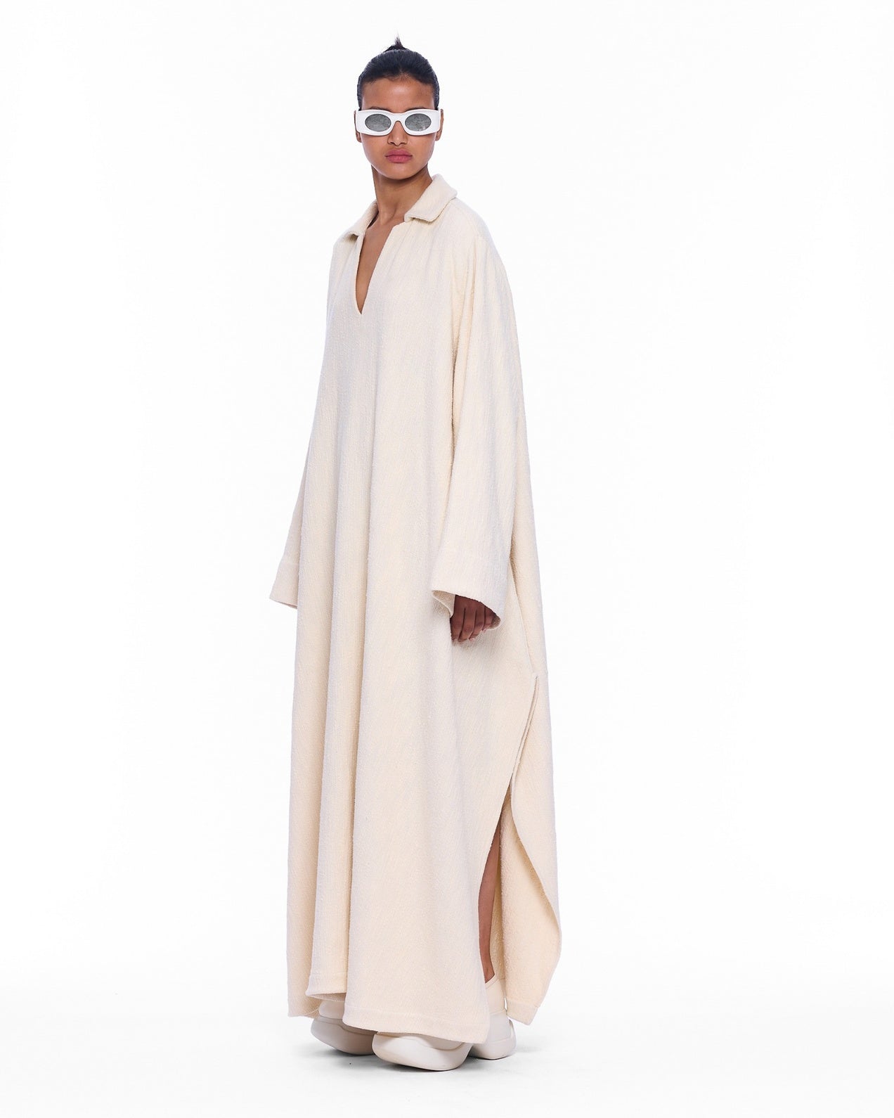 The V-Neck Ecru Flatweave Cotton Caftan - Marrakshi Life