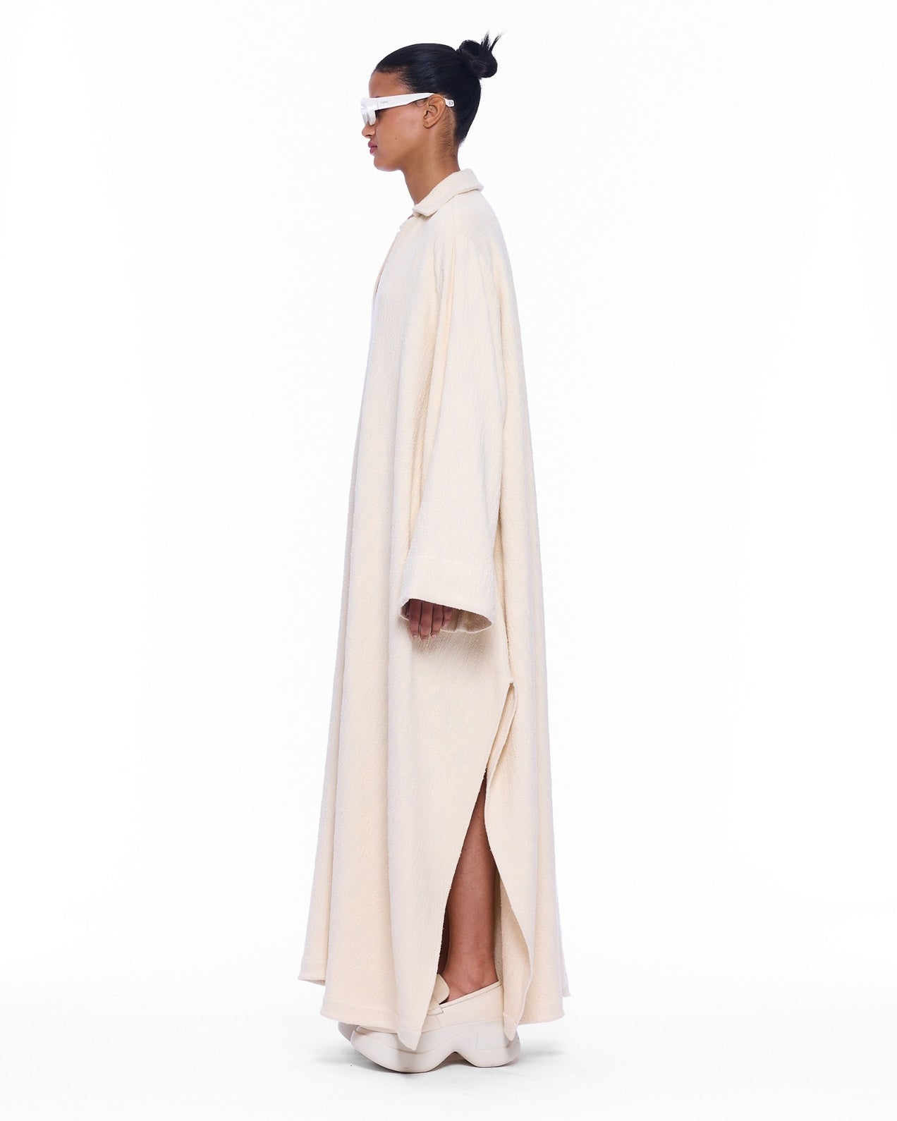 The V-Neck Ecru Flatweave Cotton Caftan - Marrakshi Life