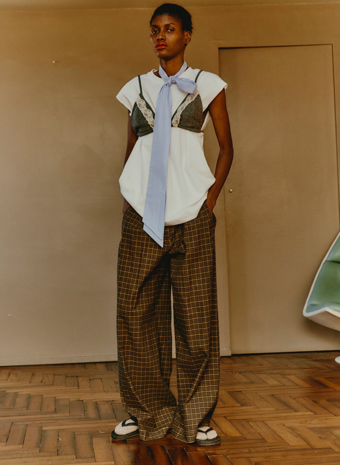 Maison Jejia Katherina Check Pant in brown and ocher check with a relaxed waist and generously cut wide legs