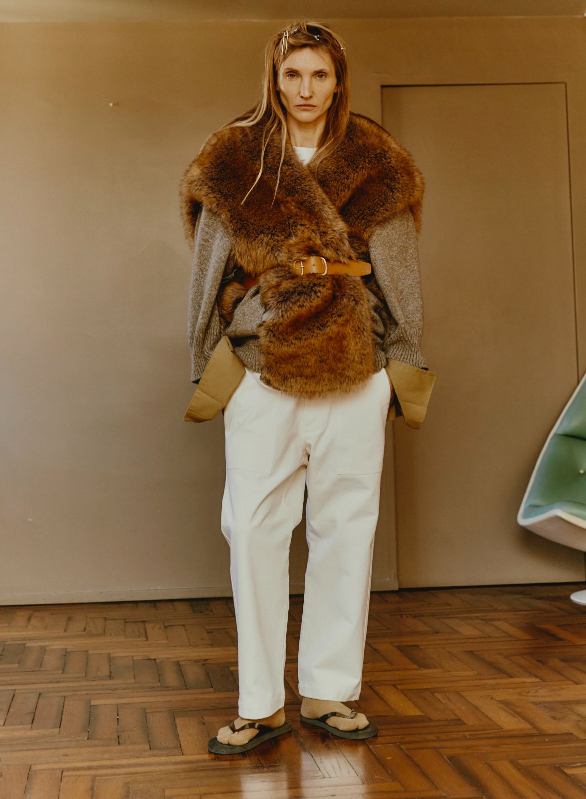Maison Jejia Mia Fur Cardigan in Grey Orange Melange, front view