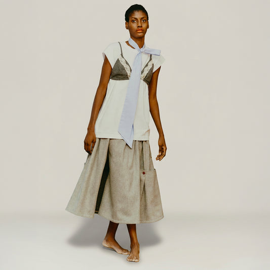 Maison Jejia Ryan Baby Bermu in bicolor flannel with dramatic volume and a wide skirt like Bermuda silhouette, curated by House of Nomad Stories