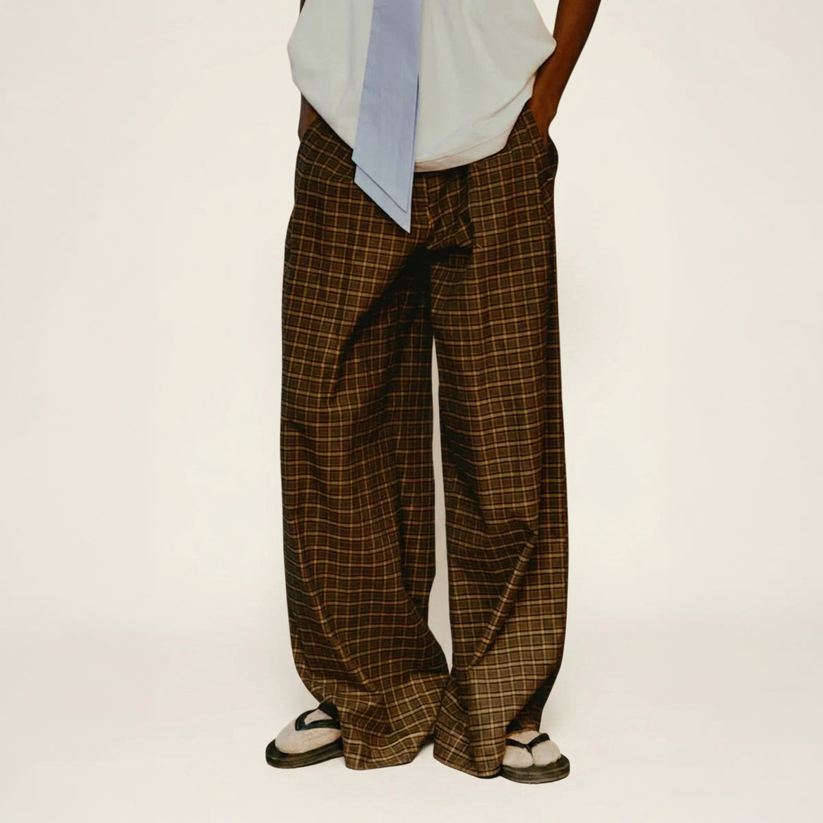 Maison Jejia Katherina Check Pant in brown and ocher check with a relaxed waist and generously cut wide legs