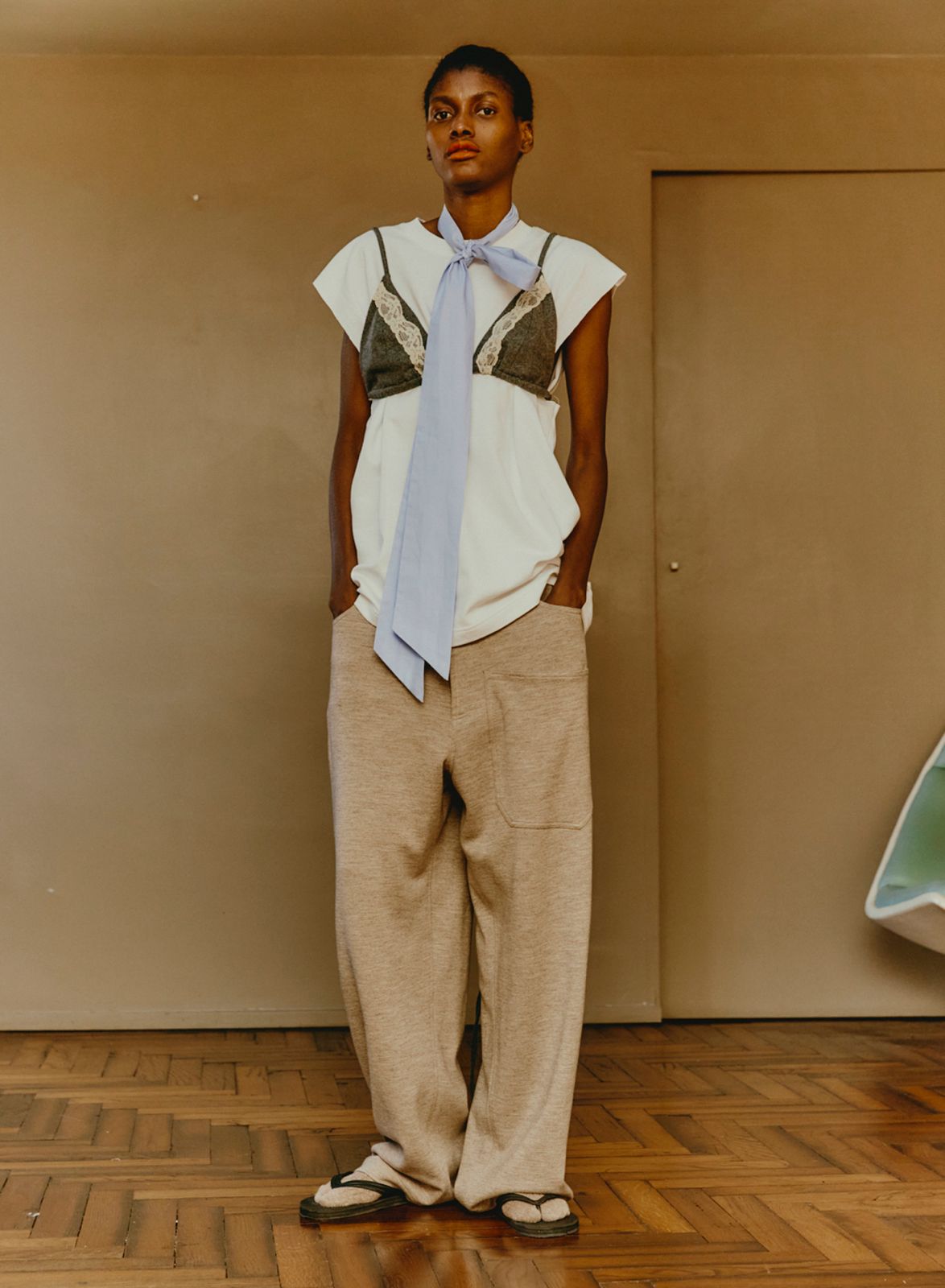 Maison Jejia Carla Jersey Pant in soft grey melange with relaxed wide legs, fluid drape and oversized patch pockets Curated by House of Nomad Stories. 