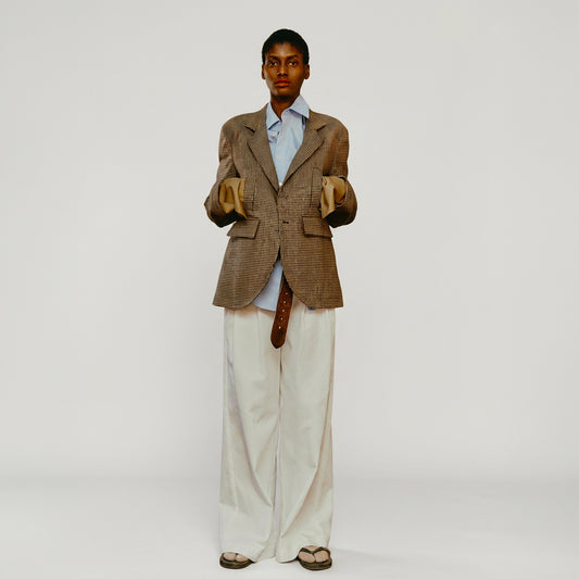 Maison Jejia Harry Blazer in classic Pied de Poule with structured shoulders, notched lapels and elongated tailored silhouette