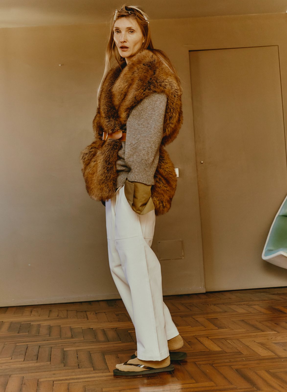 Maison Jejia Mia Fur Cardigan in Grey Orange Melange, side view