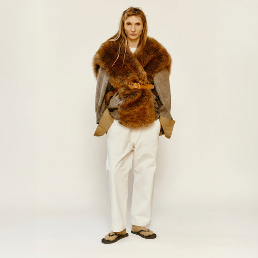 Maison Jejia Mia Fur Cardigan in Grey Orange Melange, front view