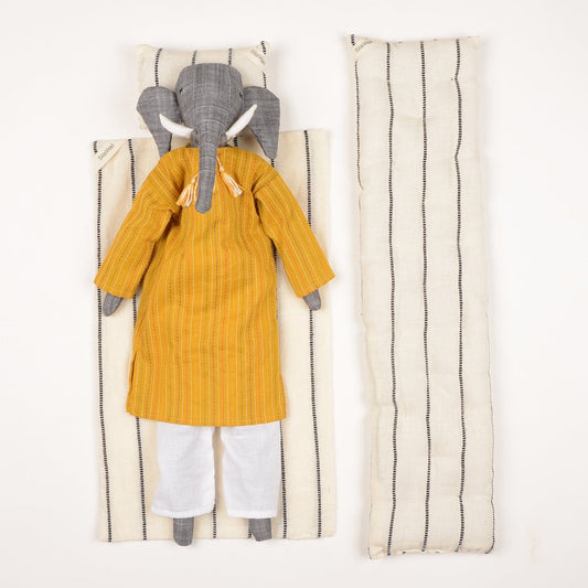 Handcrafted elephant cloth doll named Mumba by SilaiWali, made from upcycled fabric, featuring eco-friendly design. Available at House of Woven Stories