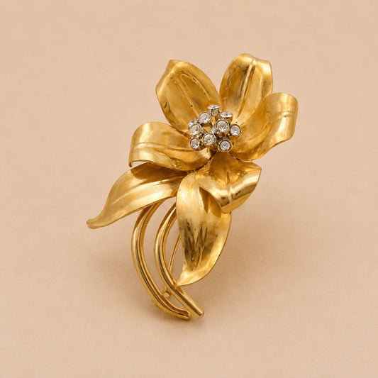 Art Deco Gold Floral Rhinestone Brooch