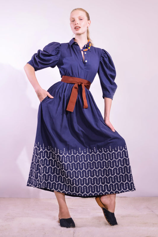 Sustainable puff sleeve dress in organic cotton with upcycled Indian jaal embroidery by Paiwand, handcrafted ethical fashion for everyday and occasion wear. 