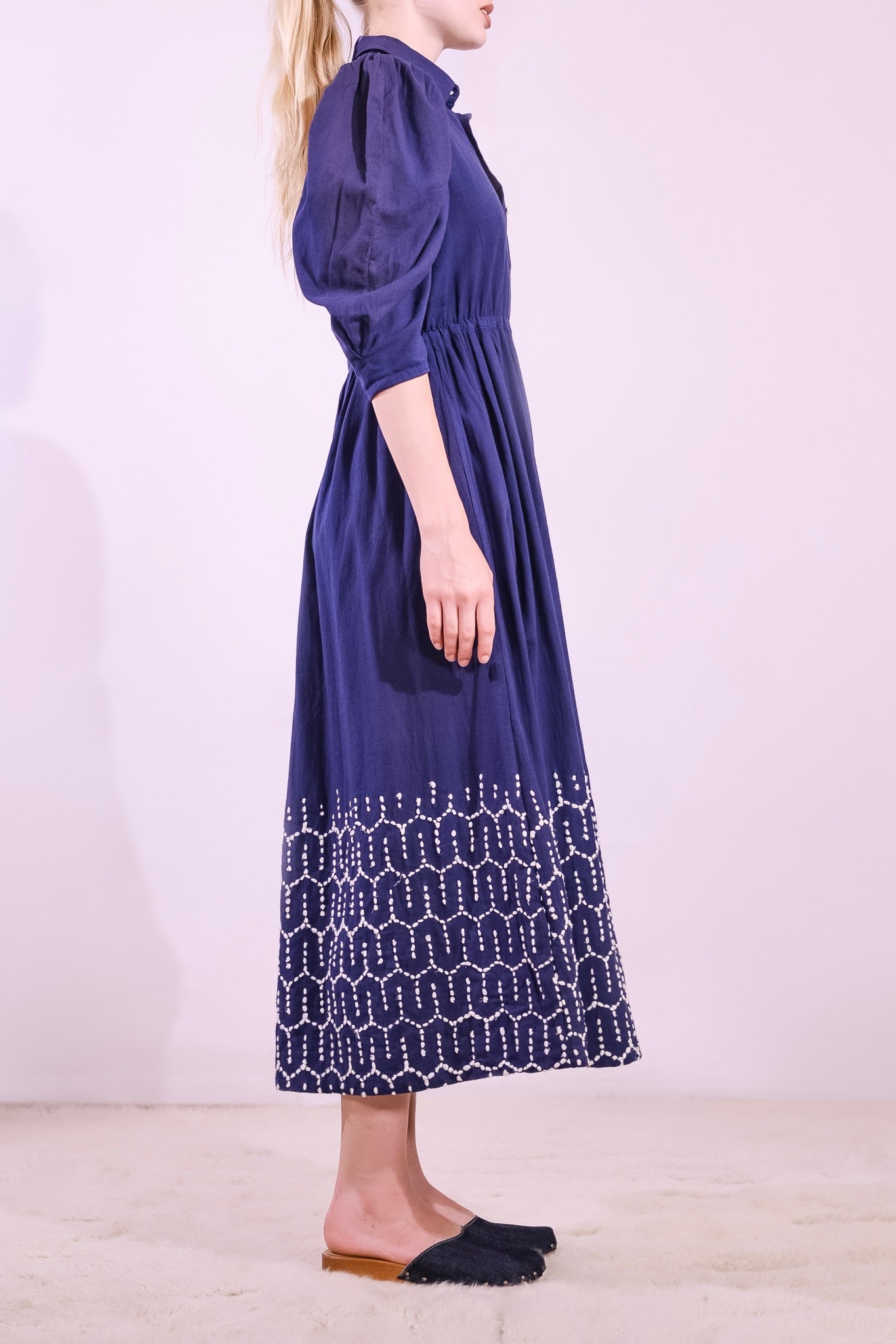 Sustainable puff sleeve dress in organic cotton with upcycled Indian jaal embroidery by Paiwand, handcrafted ethical fashion for everyday and occasion wear. 