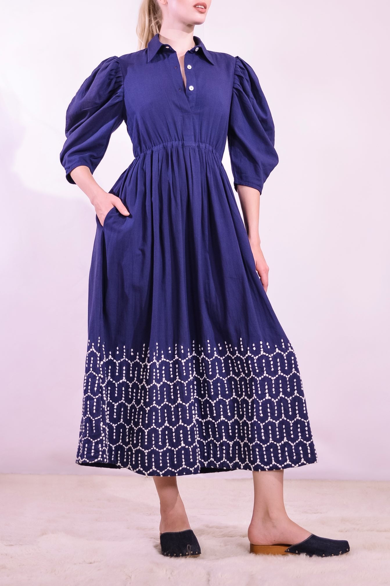 Sustainable puff sleeve dress in organic cotton with upcycled Indian jaal embroidery by Paiwand, handcrafted ethical fashion for everyday and occasion wear. 