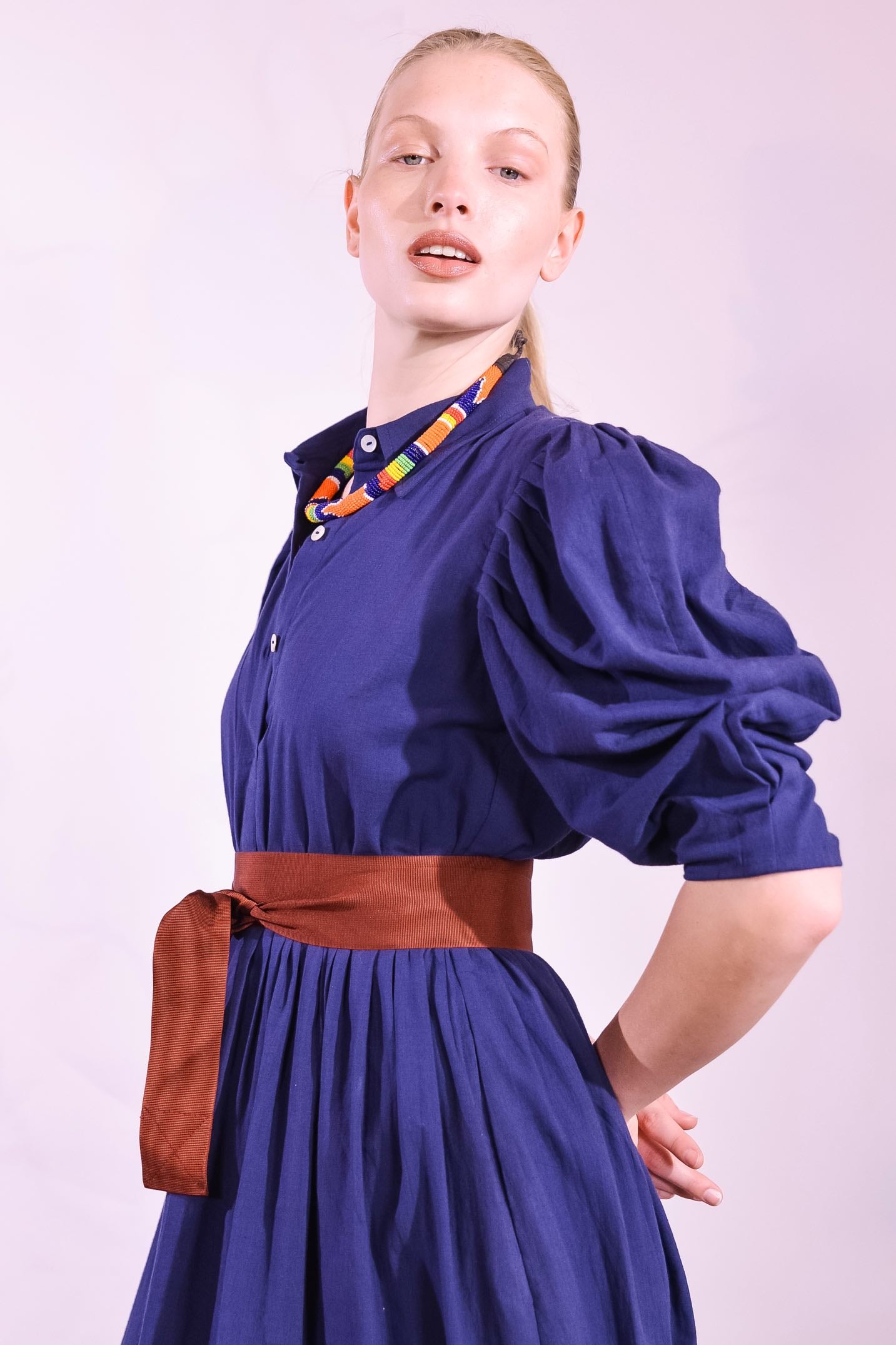 Sustainable puff sleeve dress in organic cotton with upcycled Indian jaal embroidery by Paiwand, handcrafted ethical fashion for everyday and occasion wear. 